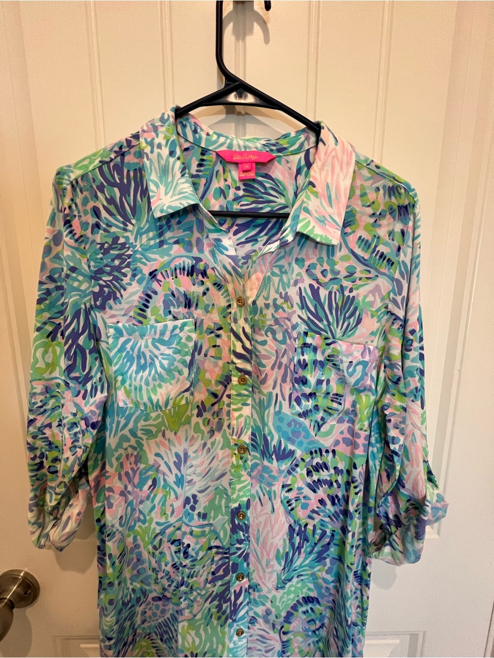 $98 Lilly Pulitzer Turquoise Blue Pink Green Palm-Print Shirtdress - Picture 5 of 11